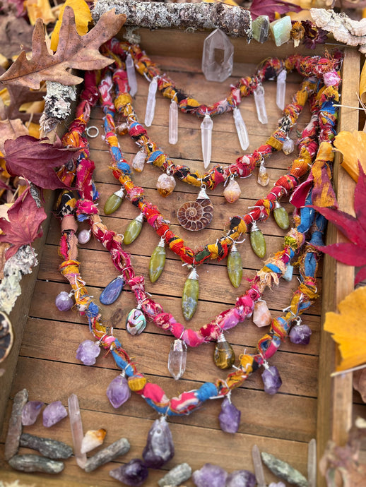 OOAK Kantha knotted gemstone charm necklace // 18”