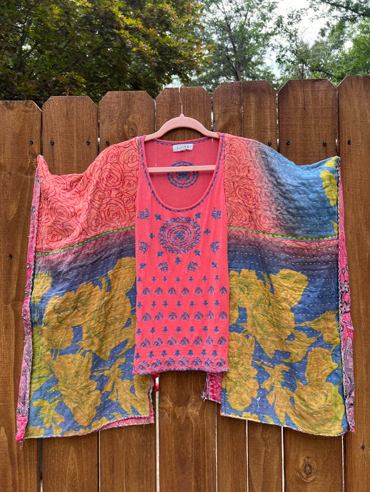 KANTHA TEE KAFTAN // open size handmade // pink embroidery