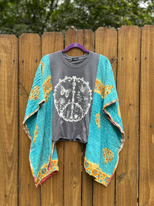 KANTHA TEE KAFTAN // open size handmade //PEACE turquoise