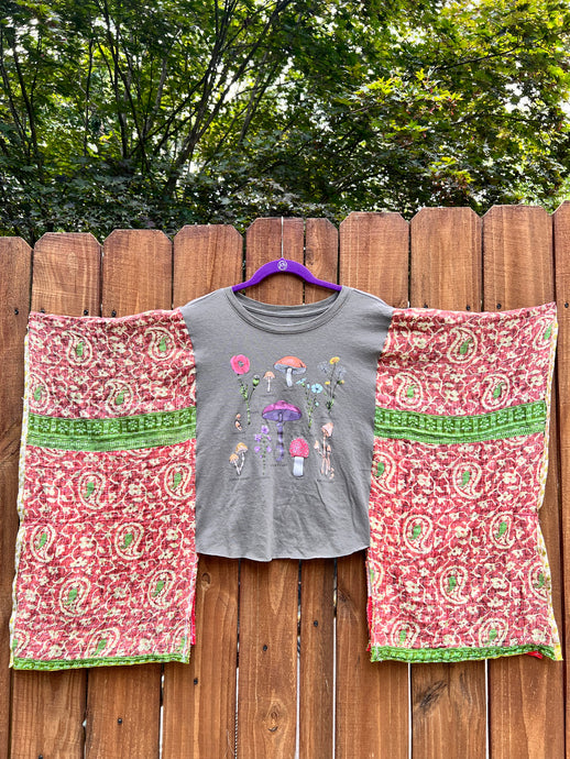 KANTHA TEE KAFTAN // open size handmade // MUSHROOMS