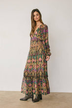 Boho V Neck Tiered Print Maxi Dress: ORCHID JEWEL