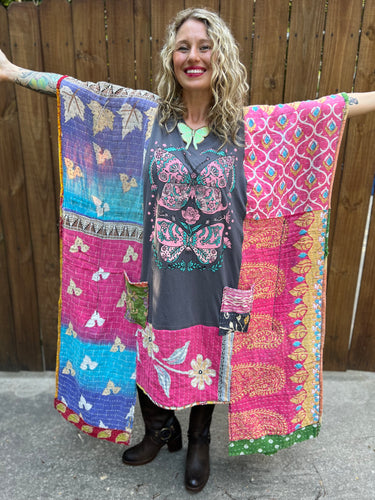 *Remake * KANTHA WING UPCYCLED DRESS// open size handmade// DOUBLE BUTTERFLY