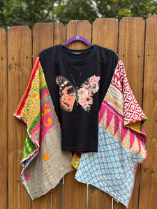KANTHA TEE KAFTAN // open size handmade // BUTTERFLY patchwork