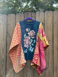 KANTHA TEE KAFTAN // open size handmade // WILD ROSES