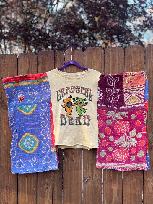 KANTHA TEE KAFTAN // open size handmade // GRATEFUL DEAD yellow