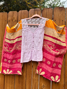 KANTHA TEE KAFTAN // open size handmade // lavender lace