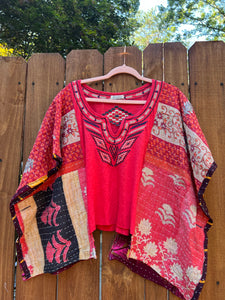 KANTHA TEE KAFTAN // open size handmade // embroidered red