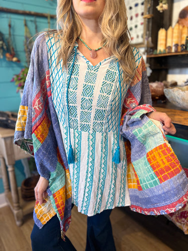 KANTHA TEE KAFTAN // open size Embroidered Blues with tassels