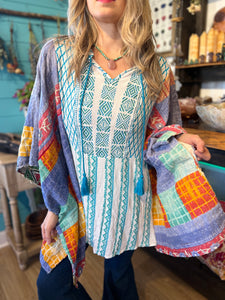 KANTHA TEE KAFTAN // open size Embroidered Blues with tassels