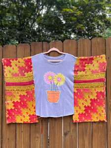 KANTHA TEE KAFTAN // open size handmade // HAPPY FLOWERS lavender