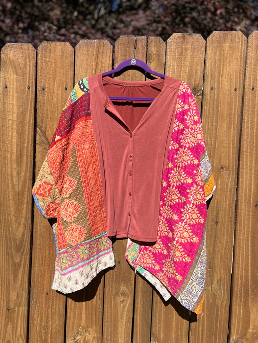 KANTHA TEE KAFTAN // open size handmade // BUTTON UP