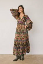 Boho V Neck Tiered Print Maxi Dress: ORCHID JEWEL
