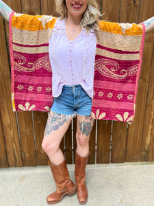 KANTHA TEE KAFTAN // open size handmade // lavender lace