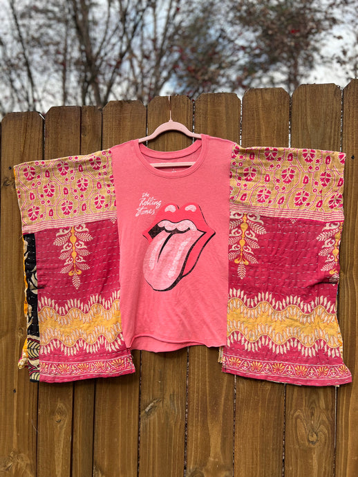 KANTHA TEE KAFTAN // open size handmade // ROLLING STONES red