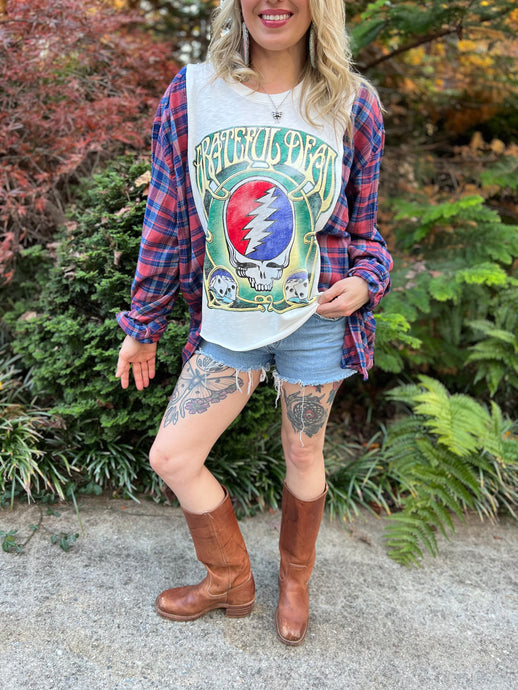 FLANNEL TEE GRAPHIC TOP // open size handmade // GRATEFUL DEAD