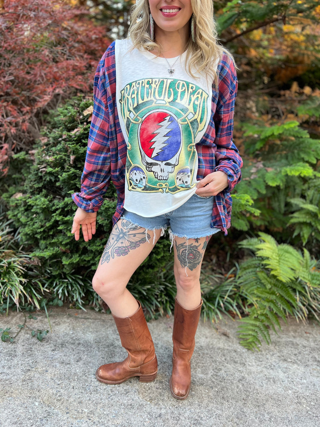 FLANNEL TEE GRAPHIC TOP // open size handmade // GRATEFUL DEAD