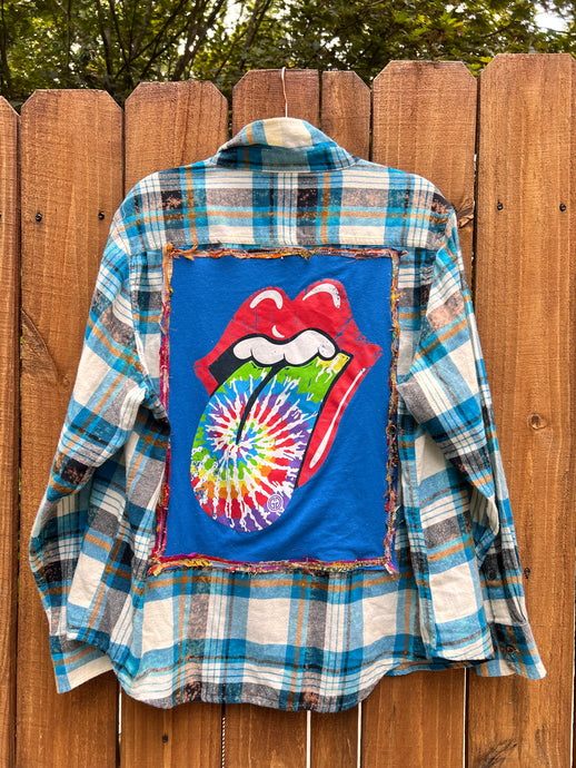 OOAK Medium ROLLING STONES  upcycled FLANNEL shirt