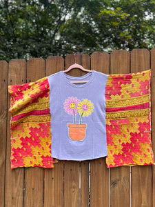 KANTHA TEE KAFTAN // open size handmade // HAPPY FLOWERS lavender