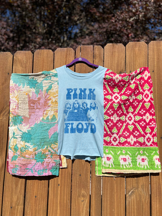 KANTHA TEE KAFTAN // open size handmade // PINK FLOYD blue