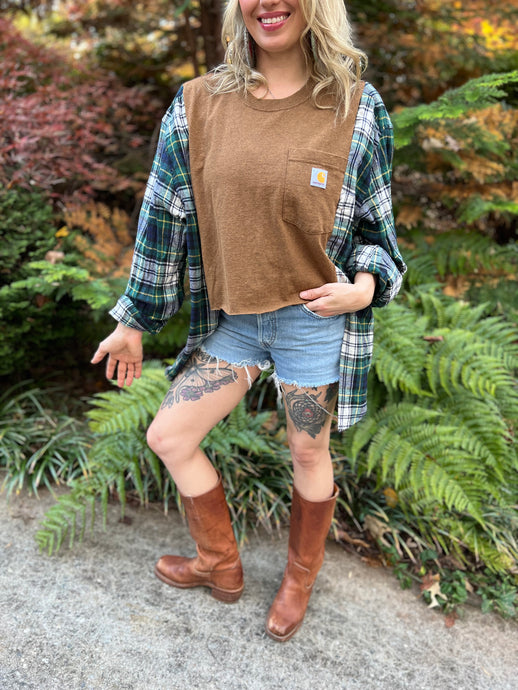 FLANNEL TEE GRAPHIC TOP // open size handmade // CARHARTT