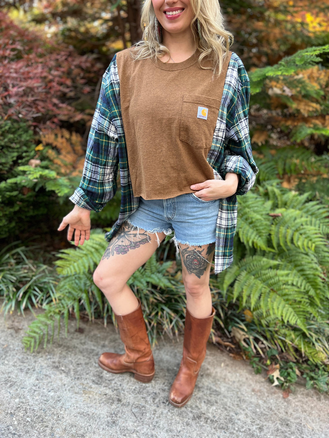 FLANNEL TEE GRAPHIC TOP // open size handmade // CARHARTT