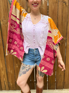 KANTHA TEE KAFTAN // open size handmade // lavender lace