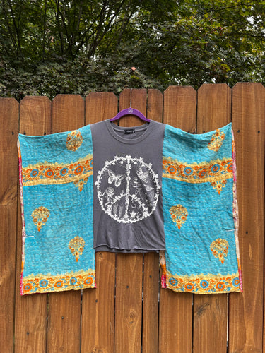 KANTHA TEE KAFTAN // open size handmade //PEACE turquoise