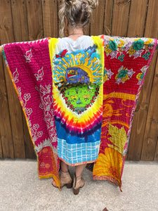 *Remake * KANTHA WING UPCYCLED DRESS// open size handmade// TIE DYE GRATEFUL DEAD bus