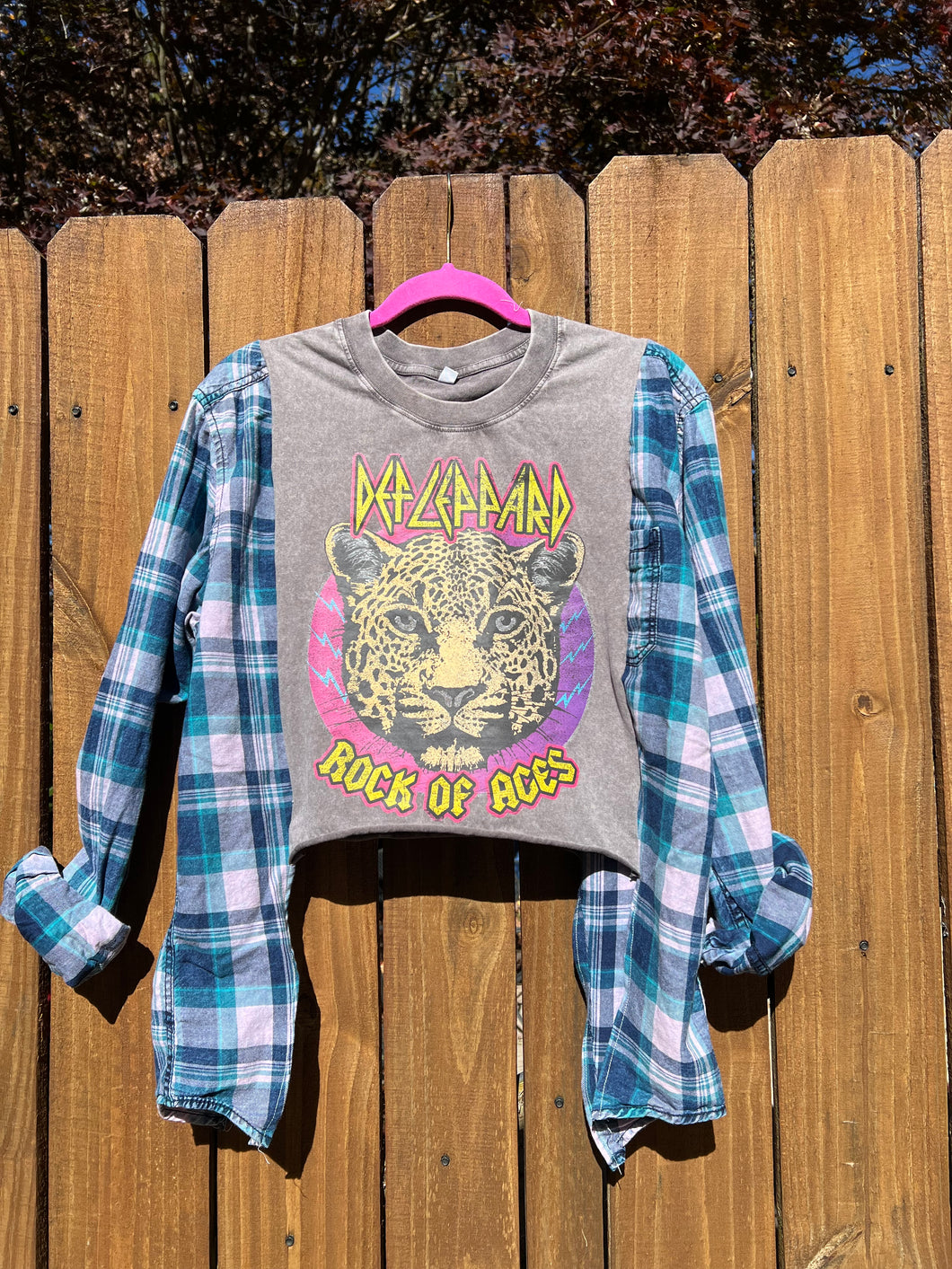 FLANNEL TEE GRAPHIC TOP // open size handmade // DEF LEPPARD