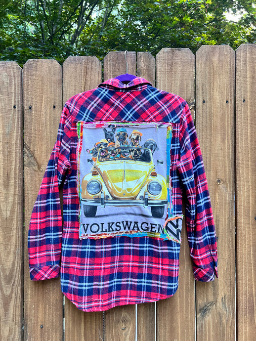 OOAK Large VW DOGS upcycled FLANNEL shirt