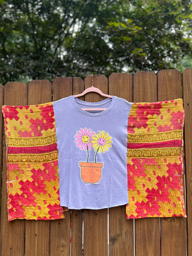 KANTHA TEE KAFTAN // open size handmade // HAPPY FLOWERS lavender