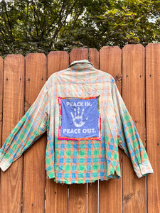 OOAK Large PEACE OUT upcycled FLANNEL shirt