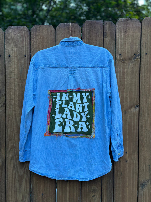OOAK small PLANT LADY upcycled DENIM shirt