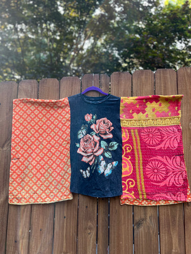 KANTHA TEE KAFTAN // open size handmade // WILD ROSES