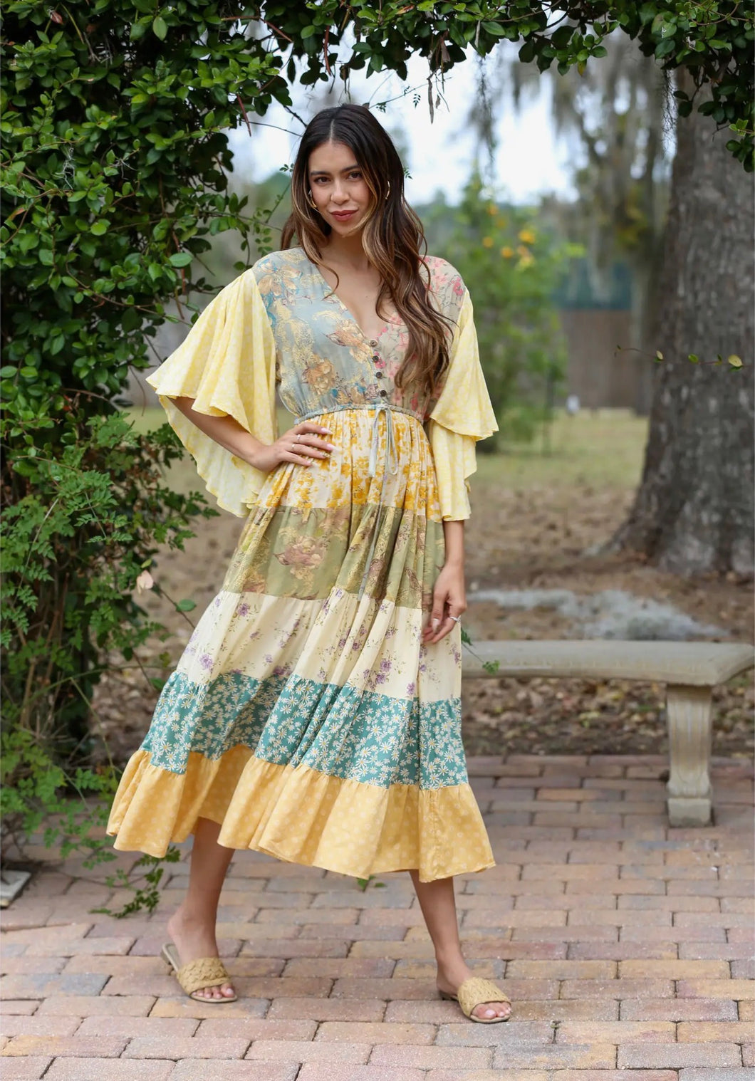 Sunflower flutter sleeve maxi dress // adjustable waist – WingostarrJewelryStudio