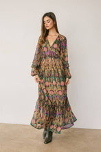 Boho V Neck Tiered Print Maxi Dress: ORCHID JEWEL