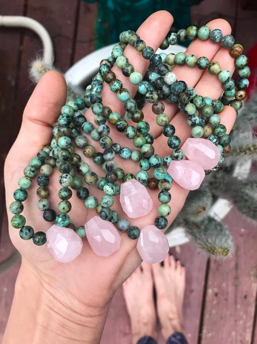 Rose quartz & african turquoise choker 16”